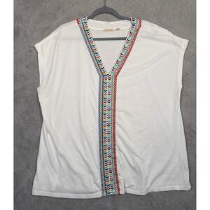 Soft Surroundings White Cotton Embroidered V Neck Sleeveless Top 2X